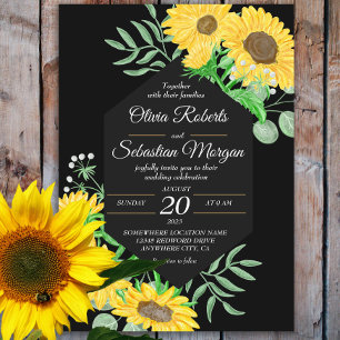 Convites Watercolor Sunflower Black Hexagon Casamento