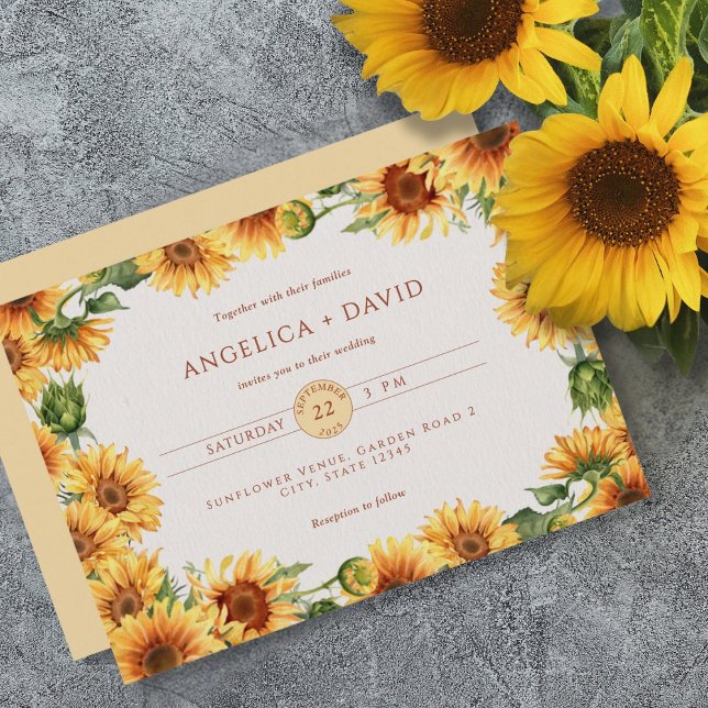 Convites Watercolor Sunflower Border Wedding Invitation (Criador carregado)