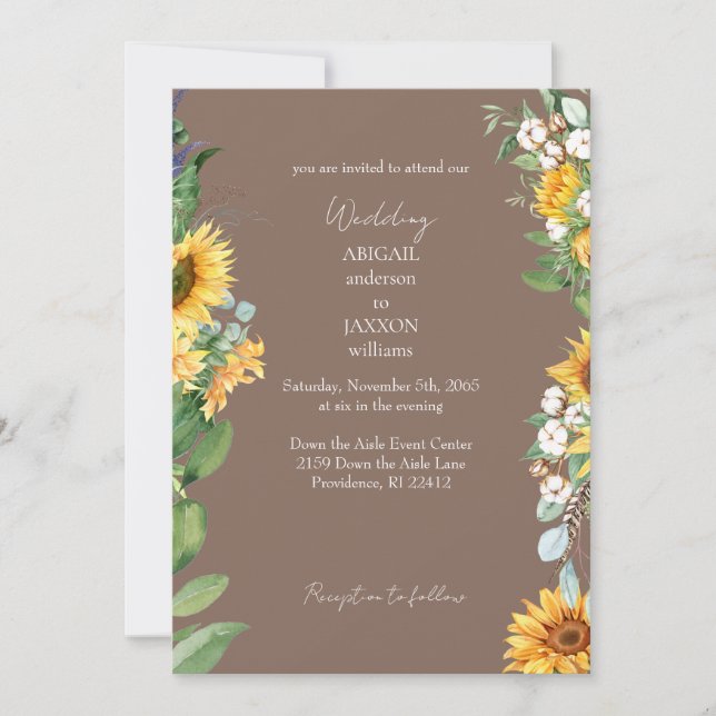 Convites Watercolor Sunflower Brown Wedding (Frente)