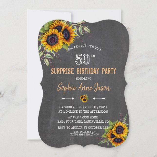 Convites Watercolor Sunflower Chalkboard 50 Aniversário (Frente)