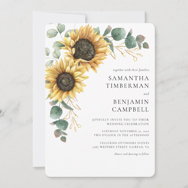 Convites Watercolor Sunflower e Eucalyptus Wedding (Frente)