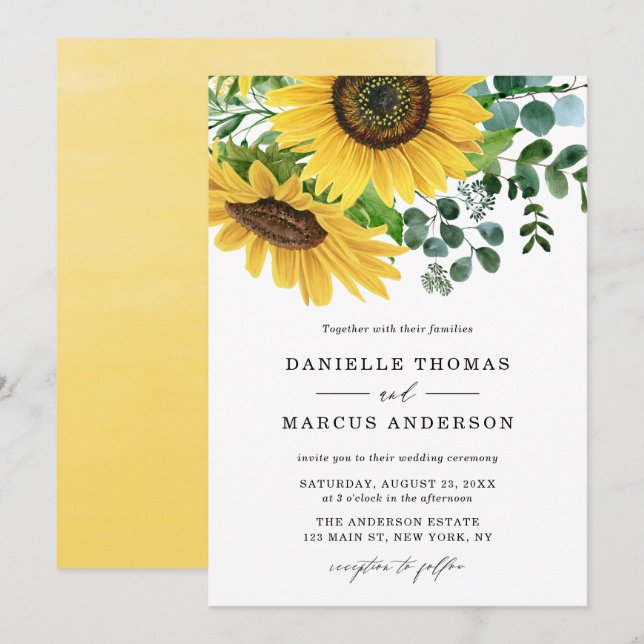 Convites Watercolor Sunflower e Eucalyptus Wedding (Frente/Verso)