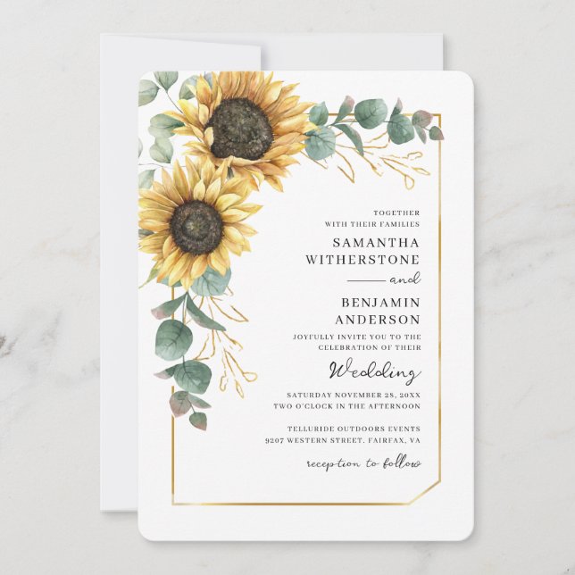 Convites Watercolor Sunflower Eucalyptus Código QR Casament (Frente)