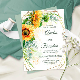Convites Watercolor Sunflower Faux Gold Foil Frame Casament