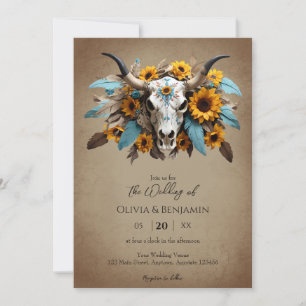 Convites Watercolor Sunflower Feather Cow Skull Casamento