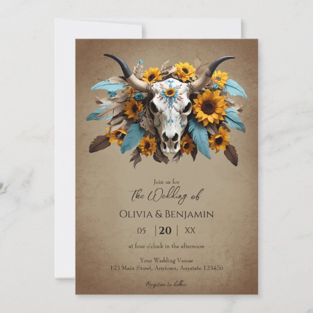 Convites Watercolor Sunflower Feather Cow Skull Casamento (Frente)