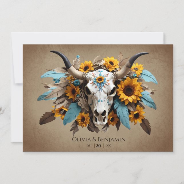 Convites Watercolor Sunflower Feather Cow Skull Casamento (Frente)