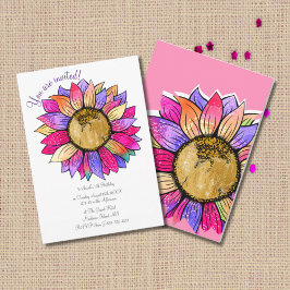 Convites Watercolor Sunflower Floral Pink & Purple Birthday