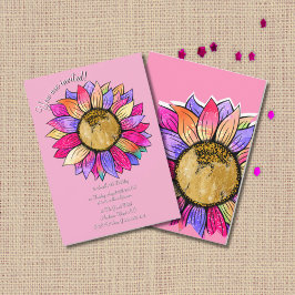 Convites Watercolor Sunflower Floral Pink & Purple Birthday
