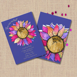 Convites Watercolor Sunflower Floral Purple & Pink Birthday