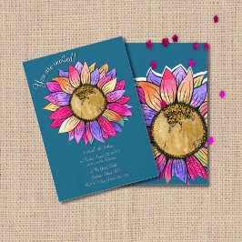 Convites Watercolor Sunflower Floral Teal Pink Birthday