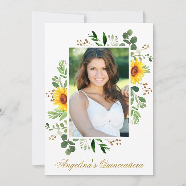 Convites Watercolor Sunflower Greenery Foto Quinceanera (Frente)