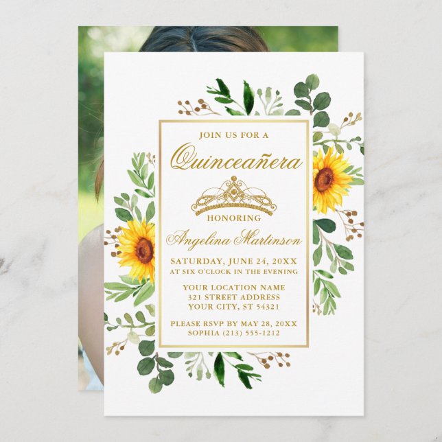 Convites Watercolor Sunflower Greenery Quinceanera Foto (Frente/Verso)
