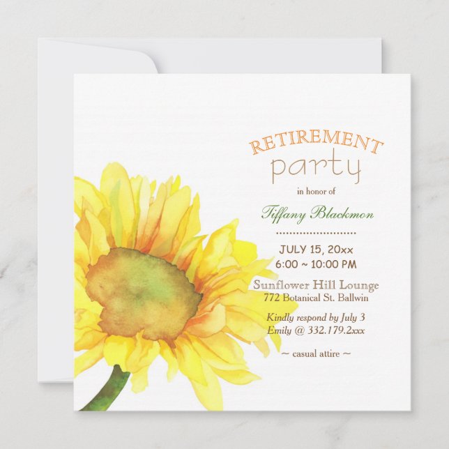 Convites Watercolor Sunflower Retirement Party (Frente)