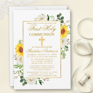 Convites Watercolor Sunflower White Floral Primeira Comunh