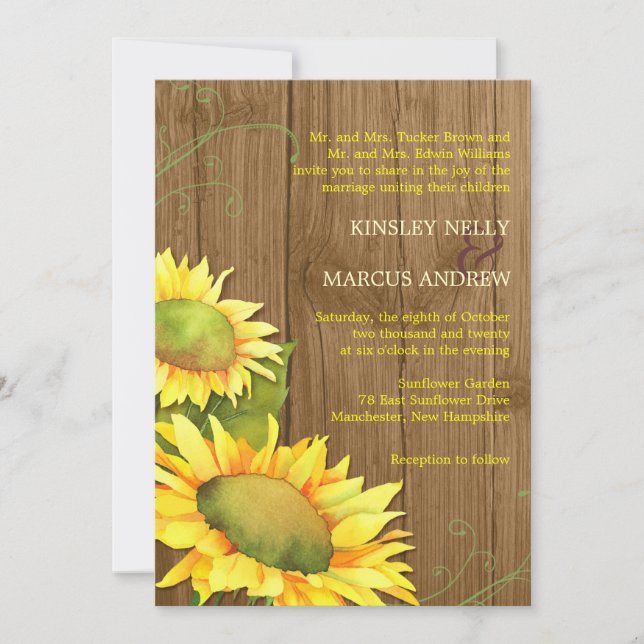 Convites Watercolor Sunflower & Wood Grain Weding (Frente)