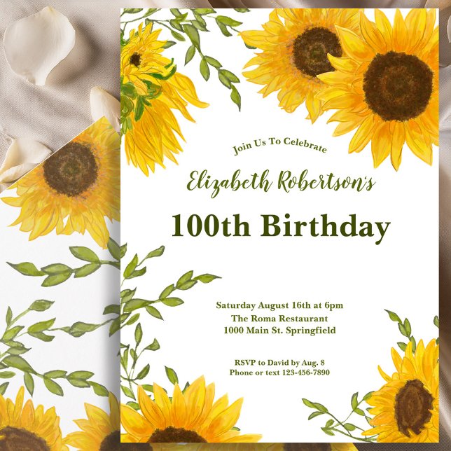 Convites Watercolor Sunflowers Women's 100th Birthday  (Criador carregado)