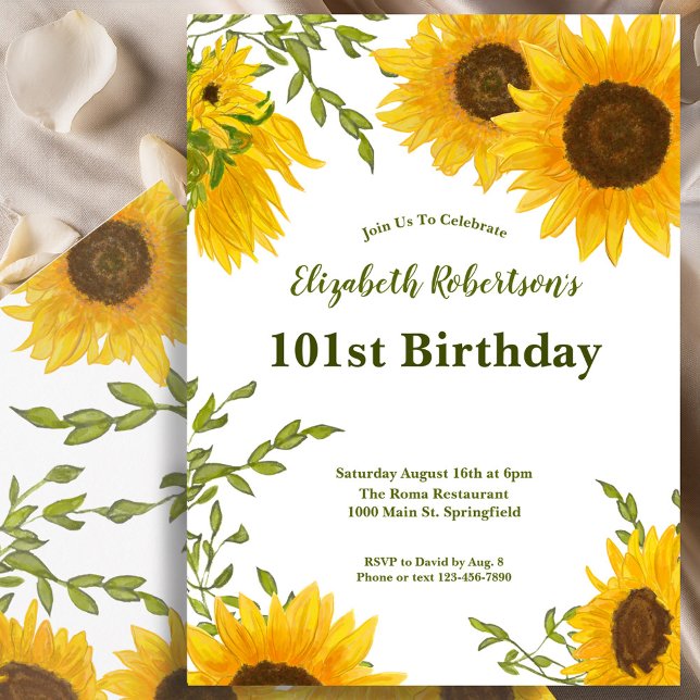 Convites Watercolor Sunflowers Women's 101st Birthday  (Criador carregado)