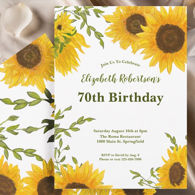 Convites Watercolor Sunflowers Women's 70th Birthday  (Criador carregado)