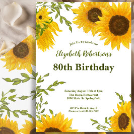 Convites Watercolor Sunflowers Women's 80th Birthday 
