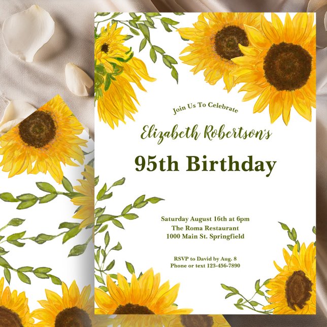 Convites Watercolor Sunflowers Women's 95th Birthday  (Criador carregado)