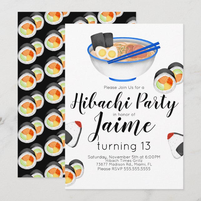 Convites Watercolor Sushi Teen Birthday Hibachi Noodles (Frente/Verso)