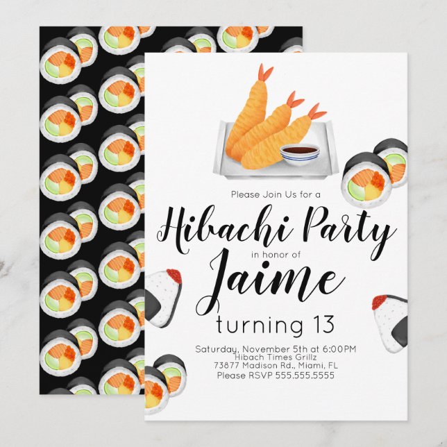 Convites Watercolor Sushi Teen Birthday Hibachi Tempura (Frente/Verso)