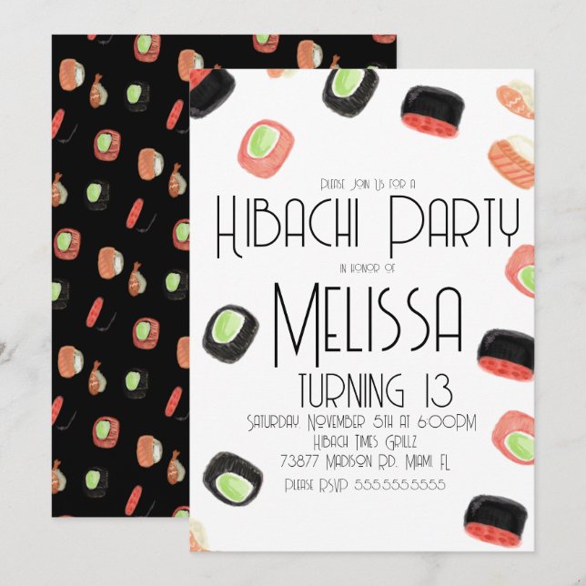Convites Watercolor Sushi Teen Birthday - Restaurante Hibac (Frente/Verso)