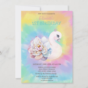 Convites Watercolor Swan Flowers Tie Dye Birthday