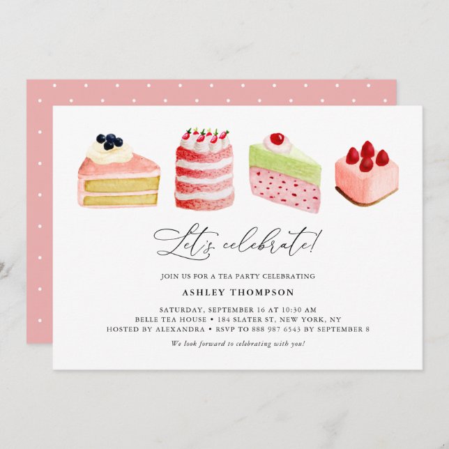 Convites Watercolor Sweet Cakes Tea Party Brunch (Frente/Verso)