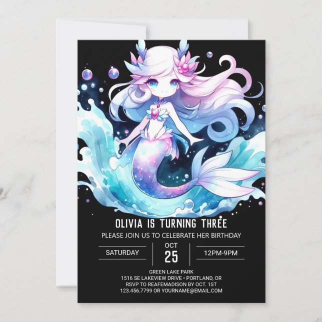 Convites Watercolor Sweet Mermaid Birthday (Frente)