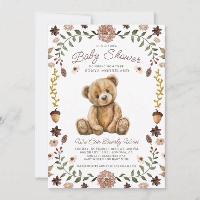 Convites Watercolor Teddy Bear Baby Shower (Frente)