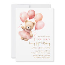 Watercolor Teddy Bear Girl 1st Birthday