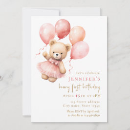 Convites Watercolor Teddy Bear Girl 1st Birthday