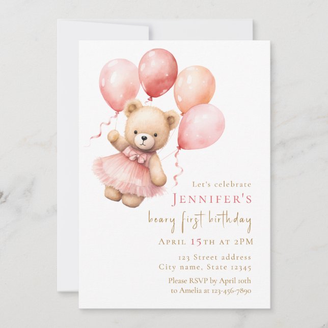 Convites Watercolor Teddy Bear Girl 1st Birthday (Frente)