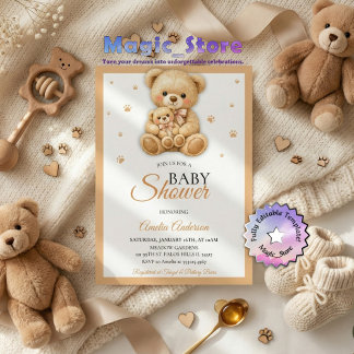 Convites Watercolor Teddy Bear Mommy Cub Paws Baby Shower