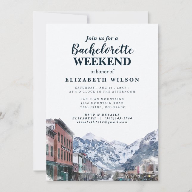 Convites Watercolor Telluride Co Bachelorette Mountain (Frente)