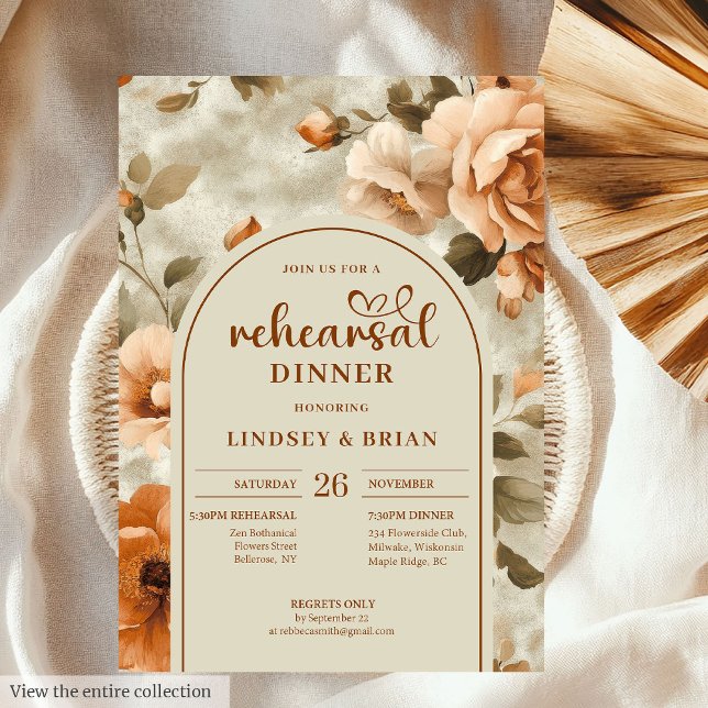 Convites Watercolor Terracotta Floral Wedding Rehearsal (Watercolor Terracotta Olive Floral Wedding Rehearsal Invitation)