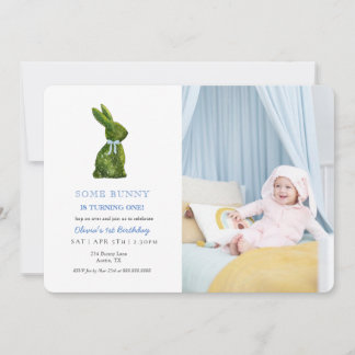 Convites Watercolor Topiary Rabbit Baby boy Photo birthday