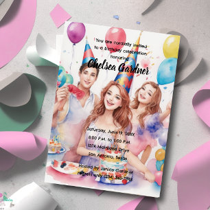 Convites Watercolor Três Pessoas Jovens Celebrando Aniversá