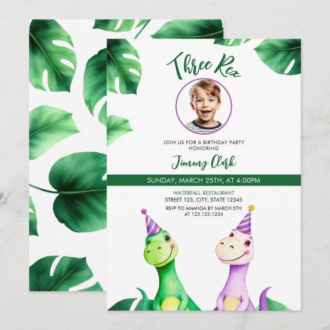 Convites Watercolor Trex Kids Foto Aniversário (Frente/Verso)