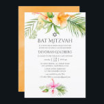 Convites Watercolor Tropical Bat Mitzvah<br><div class="desc">Convite de morcego de praia em aquarela mitzvah com hibisco rosa e laranja projetado para ser rápida e facilmente personalizado de acordo com as especificações de seu evento.</div>