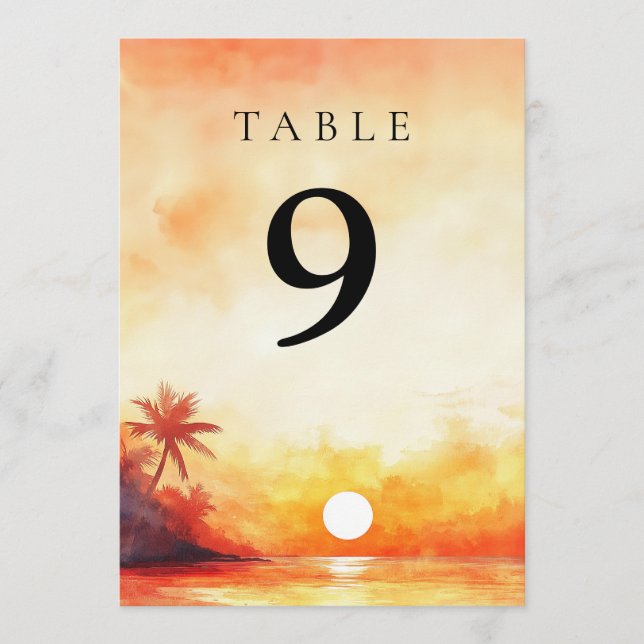 Convites Watercolor Tropical Beach Sunset Table Number (Frente)
