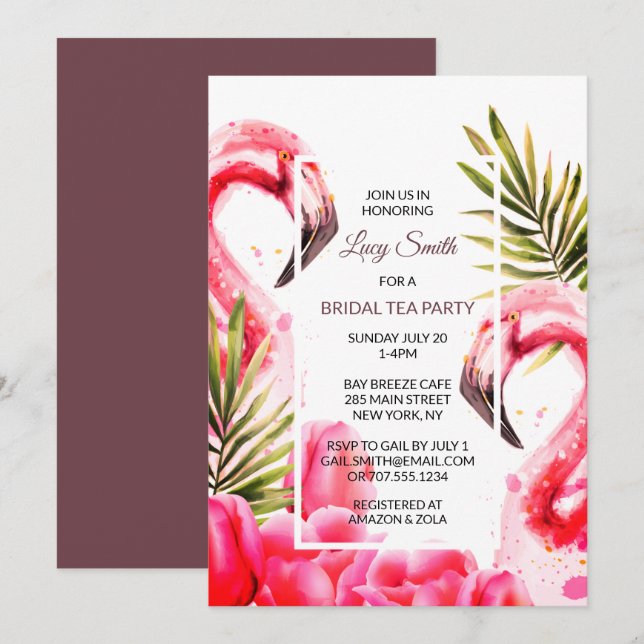 Convites Watercolor Tropical Bridal Tea Party | Flamingoes (Frente/Verso)