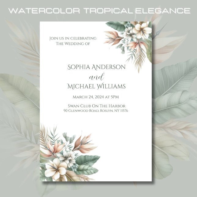 Convites Watercolor Tropical Elegance-Wedding (Watercolor Tropical Elegance Wedding Collection- Sage Green and Peach)