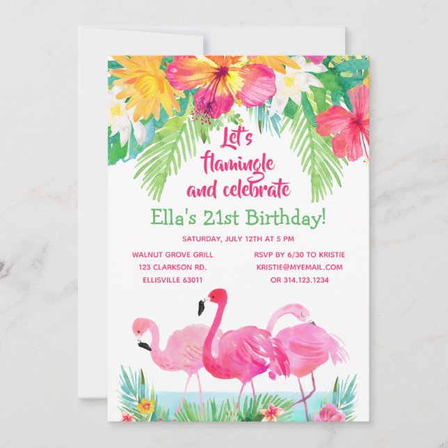 Convites Watercolor Tropical Flamingo Birthday (Frente)