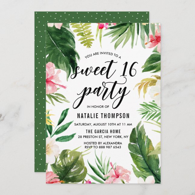Convites Watercolor Tropical Floral Frame Sweet 16 Party (Frente/Verso)