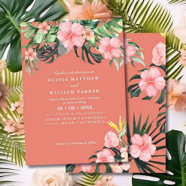 Convites Watercolor Tropical floral Summer Beach Wedding (Criador carregado)