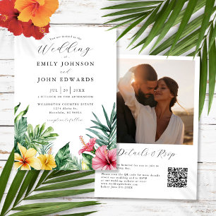Convites Watercolor Tropical Flowers Photo QR Code Casament