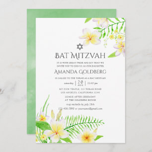 Convites Watercolor Tropical Frangipani Bat Mitzvah